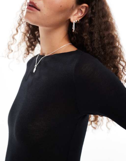 Weekday soft jersey semi sheer long sleeve boat neck top in