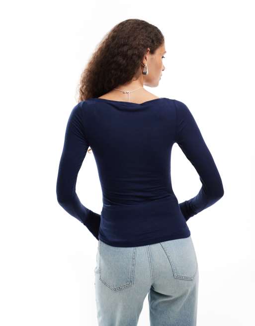 Weekday soft jersey semi sheer long sleeve boat neck top in navy