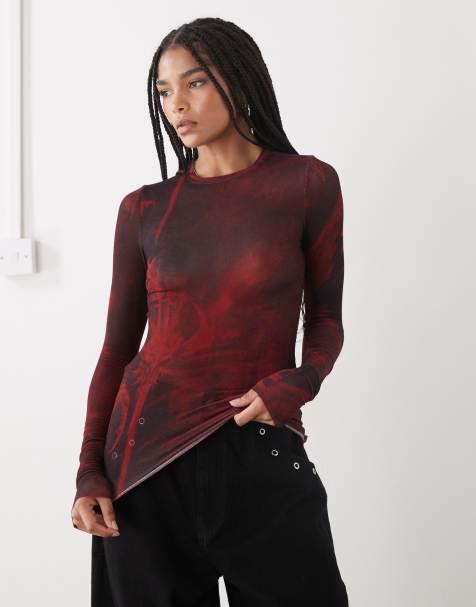 Weekday soft long sleeve top with all over dragon graphic print in red - view 1