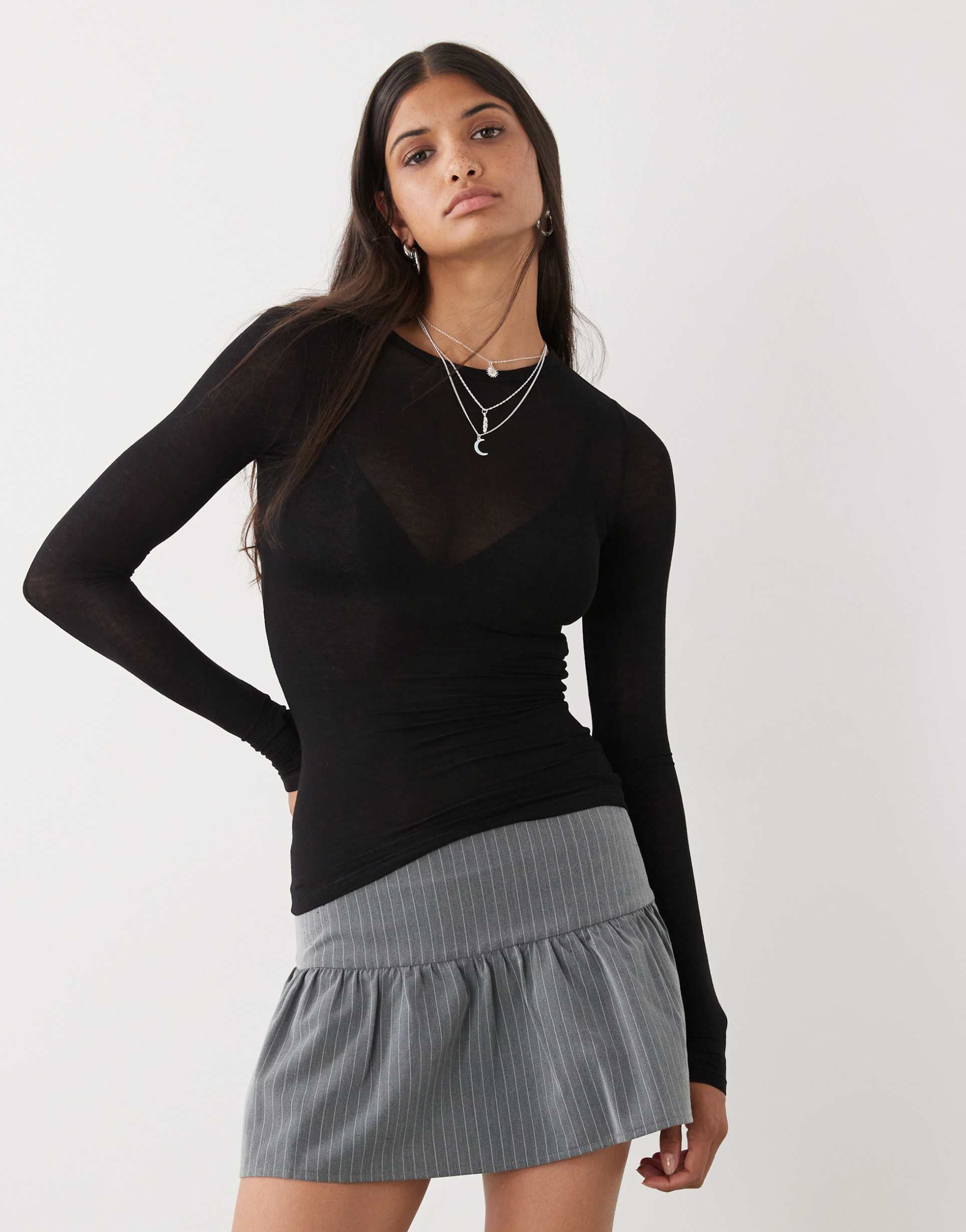 weekday soft semi sheer long sleeve t-shirt in black