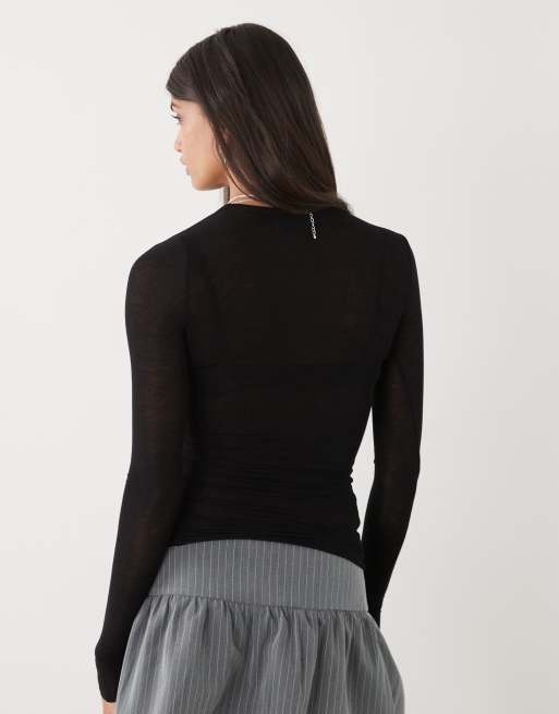 Weekday soft semi sheer long sleeve T-shirt in black