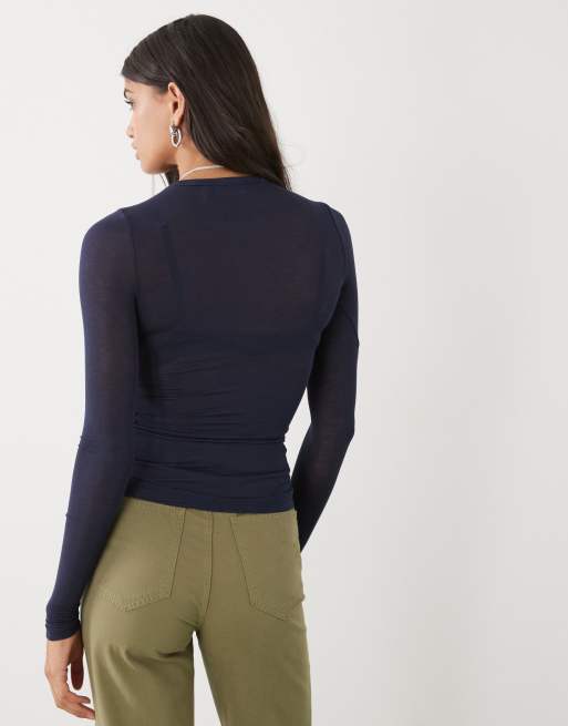Weekday soft semi sheer long sleeve T-shirt in dark blue - Exclusive to ASOS