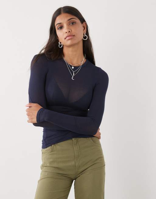 Weekday soft semi sheer long sleeve T-shirt in dark blue - Exclusive to ASOS