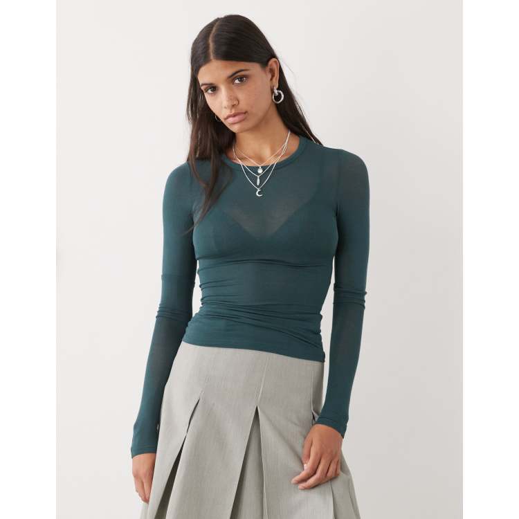 Weekday soft semi sheer long sleeve T-shirt in dark green