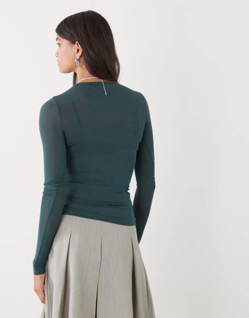 Weekday soft semi sheer long sleeve T-shirt in dark green - Exclusive to ASOS, 3 of 4