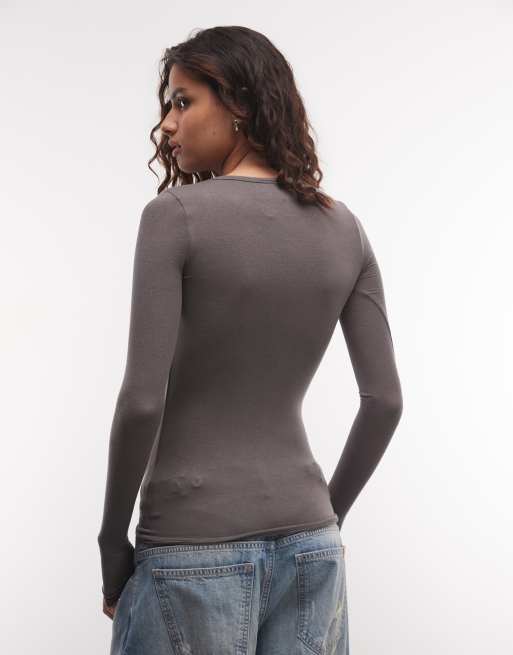 Weekday soft semi sheer long sleeve t-shirt in dark mole exclusive to ASOS, 4 of 4