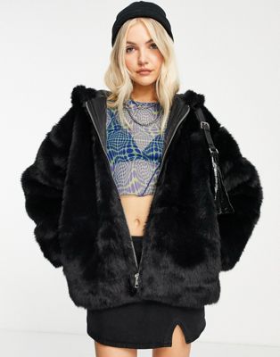 Weekday solo cotton faux fur jacket with hood in black - BLACK