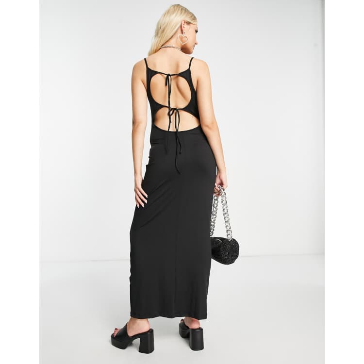 Weekday Deep low back halter neck maxi dress in light black