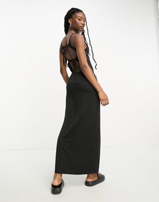 Weekday Sophie open back midaxi dress with tie detail in black exclusive to ASOS