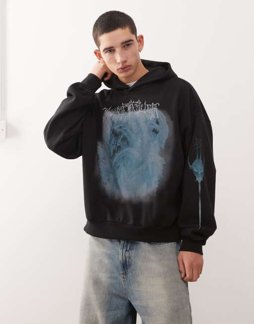 Weekday - Sort og oversized hættetrøje med firkantet pasform og grafisk drageprint