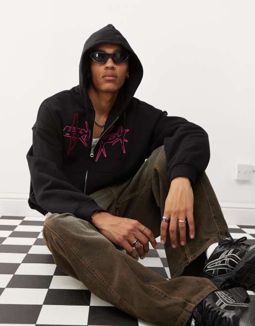 Weekday - Sort oversized hættetrøje med lynlås og kantet broderi, 2 af 4