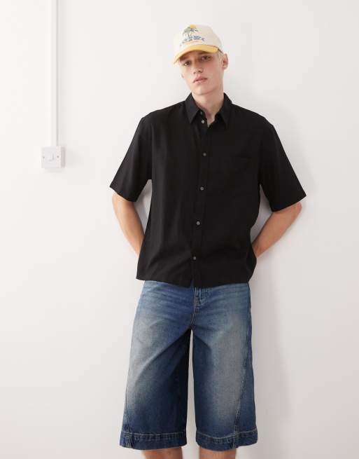 Weekday - Sort oversized skjorte med korte ærmer i hørblanding i firkantet pasform