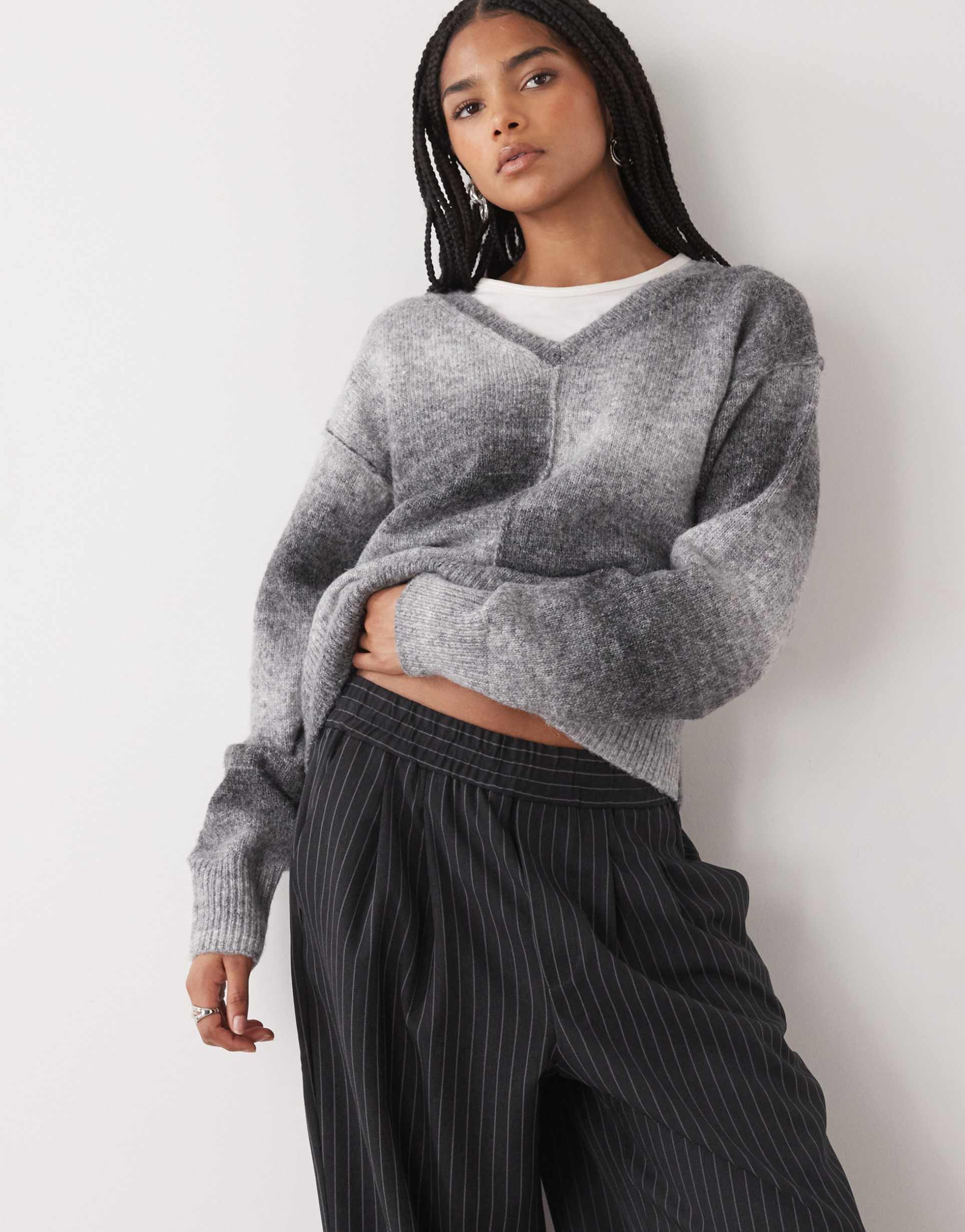 weekday space dye v-neck sweater in gray melange