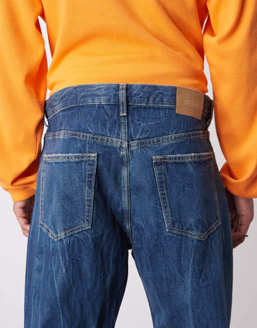 Weekday – Space – Jeans in blauer Waschung mit Marmoreffekt, lockerem, geradem Schnitt und geteiltem Saum, 4 von 5