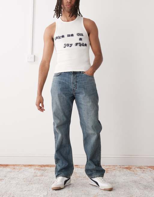 Weekday - Space - Jeans met rechte pijpen en ruimvallende pasvorm in vintage blauw met wassing