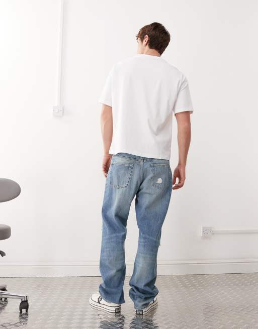 Weekday – Space – Niebieskie jeansy z prostymi nogawkami i efektem znoszenia, 2 z 5