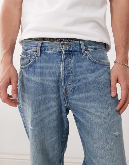 Weekday – Space – Niebieskie jeansy z prostymi nogawkami i efektem znoszenia, 5 z 5
