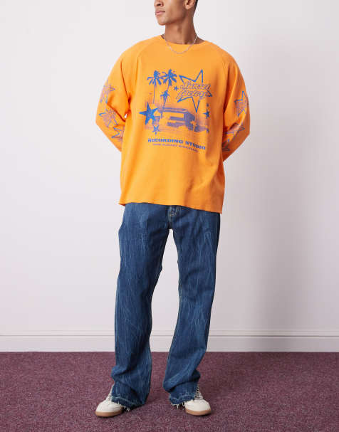 Weekday Space relaxed fit straight leg jeans with split hem detail in blue marble effect wash
