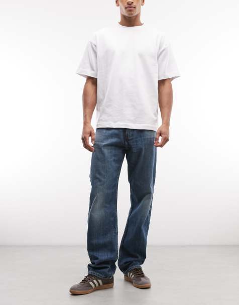 Weekday Space relaxed fit straight jeans in distressed mid blue wash with dynamo detailing - view 1