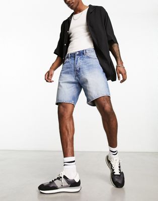 Weekday Space straight fit denim shorts in light blue | ASOS