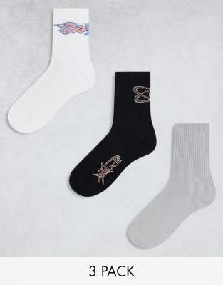 sports socks 3-pack with gaming graphics in gray white and black