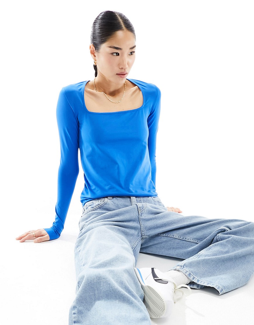 Weekday square neck long sleeve top in blue