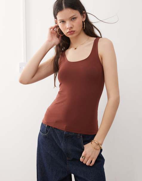 Weekday square neck scoop back tank top in burgundy - view 1