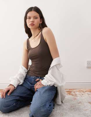 Weekday Weekday square neck scoop back vest top in brown