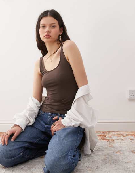 Weekday square neck scoop back vest top in brown - view 1