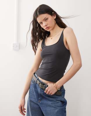 Weekday Weekday square neck scoop back vest top in off-black