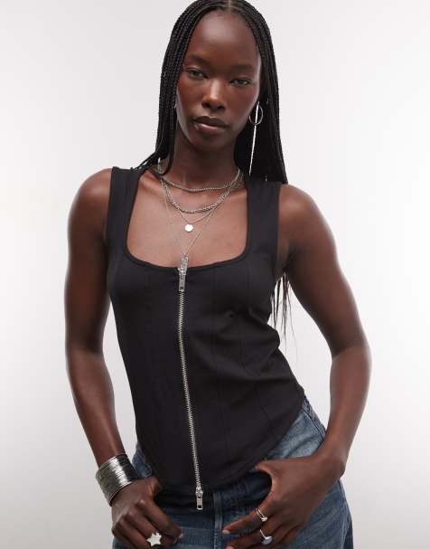 Weekday square neck zip through corset top in black - view 1