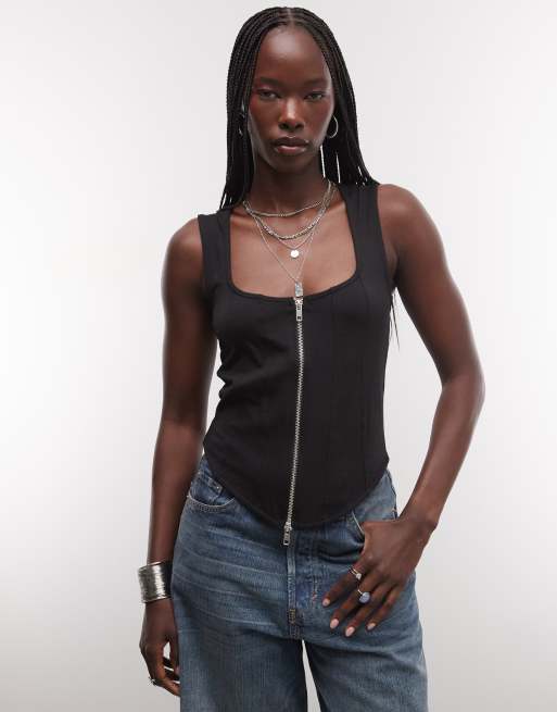 Weekday square neck zip up corset top in black, 3 of 4