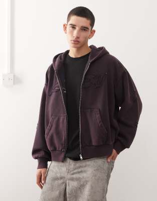 Weekday Square Zip Up Hoodie With Graphic Print And Raw Edges In Blue