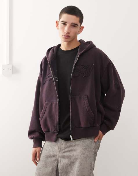 Weekday square zip up hoodie with graphic print and raw edges in purple acid wash - view 1