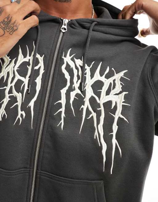 Weekday regular fit zip up hoodie with embroidery graphic in black