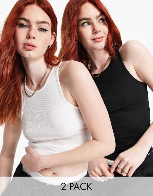 Weekday - Stella - Confezione da 2 canotte in cotone con scollo a vogatore bianca e nera - MULTI