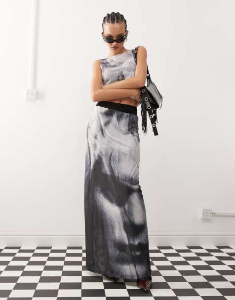 Weekday Sting co-ord maxi skirt with face graphic print in black - view 1