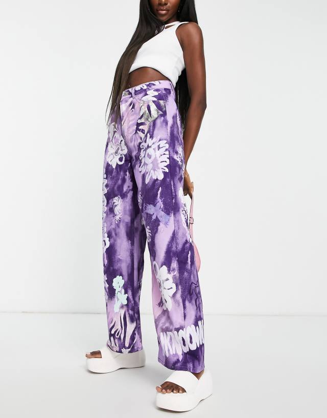 Weekday - straight leg trousers in purple abstract flower