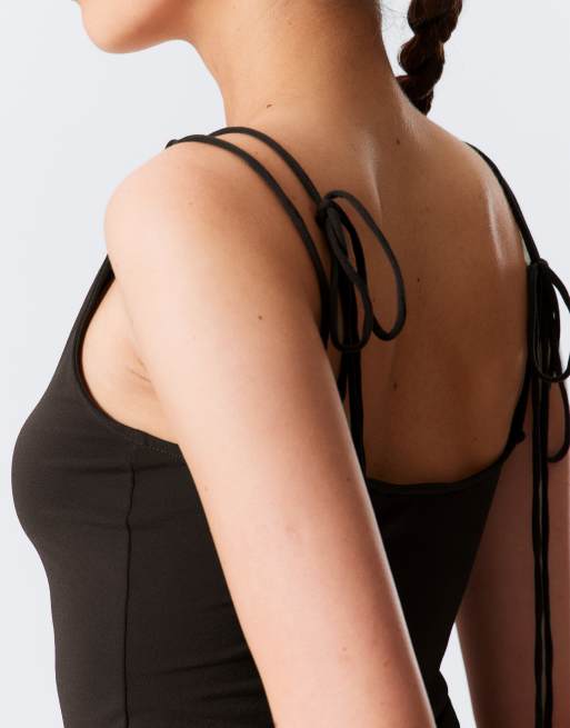 Weekday strappy boat neck top in dark brown, 3 of 4