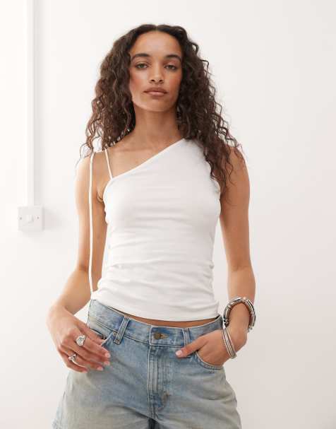 Weekday strappy one shoulder top in off-white - view 1