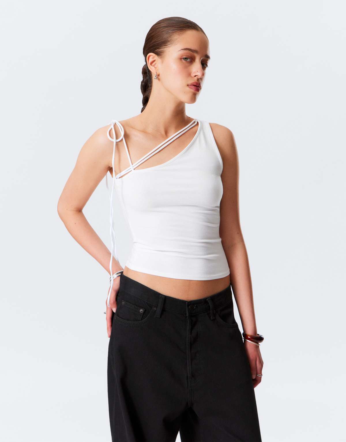Weekday strappy one shoulder top in off-white