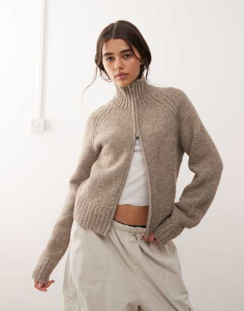 Weekday – Strickjacke aus flauschigem Wollmix in maulwurfbraun meliert mit Reißverschluss - view 1