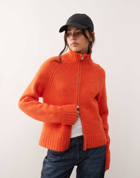 Weekday – Strickjacke aus flauschigem Wollmix in orange meliert mit Reißverschluss - view 1
