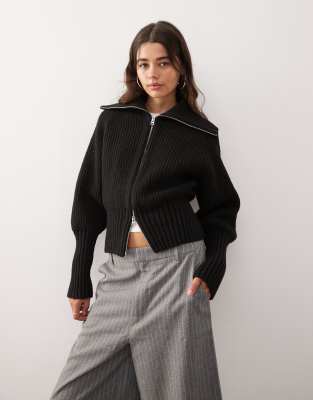Weekday - Strickjacke aus Rippstrick in Schwarz mit durchgehendem Reißverschluss