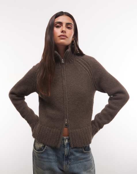 Weekday Strickjacke aus Wollmix mit flauschiger Struktur und Reißverschluss in dunkelbraun meliert - view 1