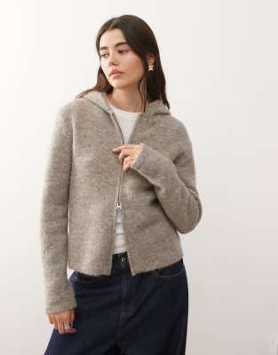 Weekday - Strickjacke in meliertem Beige mit Kapuze und durchgehendem Reißverschluss-Blonde