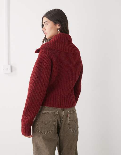 Weekday – Strickjacke in meliertem Burgunderrot mit grobem Rippenmuster am Saum und Reißverschluss, 3 von 4