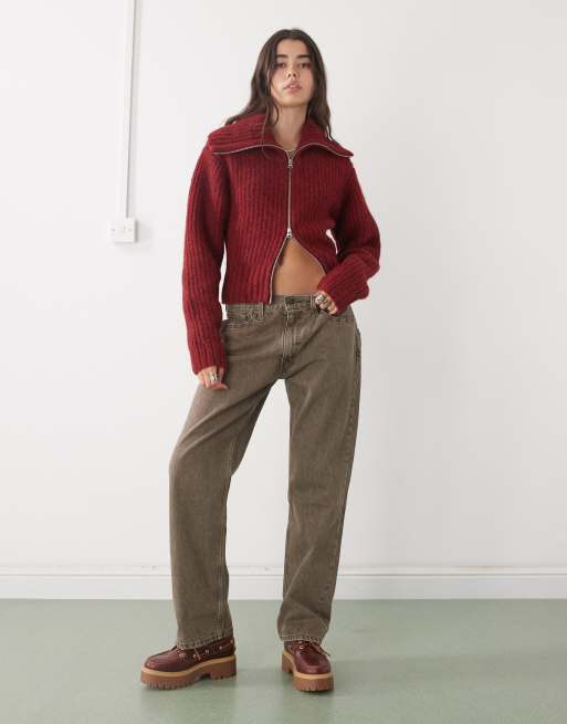 Weekday – Strickjacke in meliertem Burgunderrot mit grobem Rippenmuster am Saum und Reißverschluss, 4 von 4
