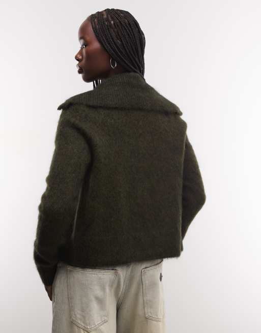 Weekday Strickjacke mit Reißverschluss aus Woll- und Mohairmix in dunkelgrün meliert, 2 von 4