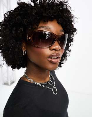 Wekeday Strike oversized round sunglasses with cut out detail in light brown - ASOS Price Checker